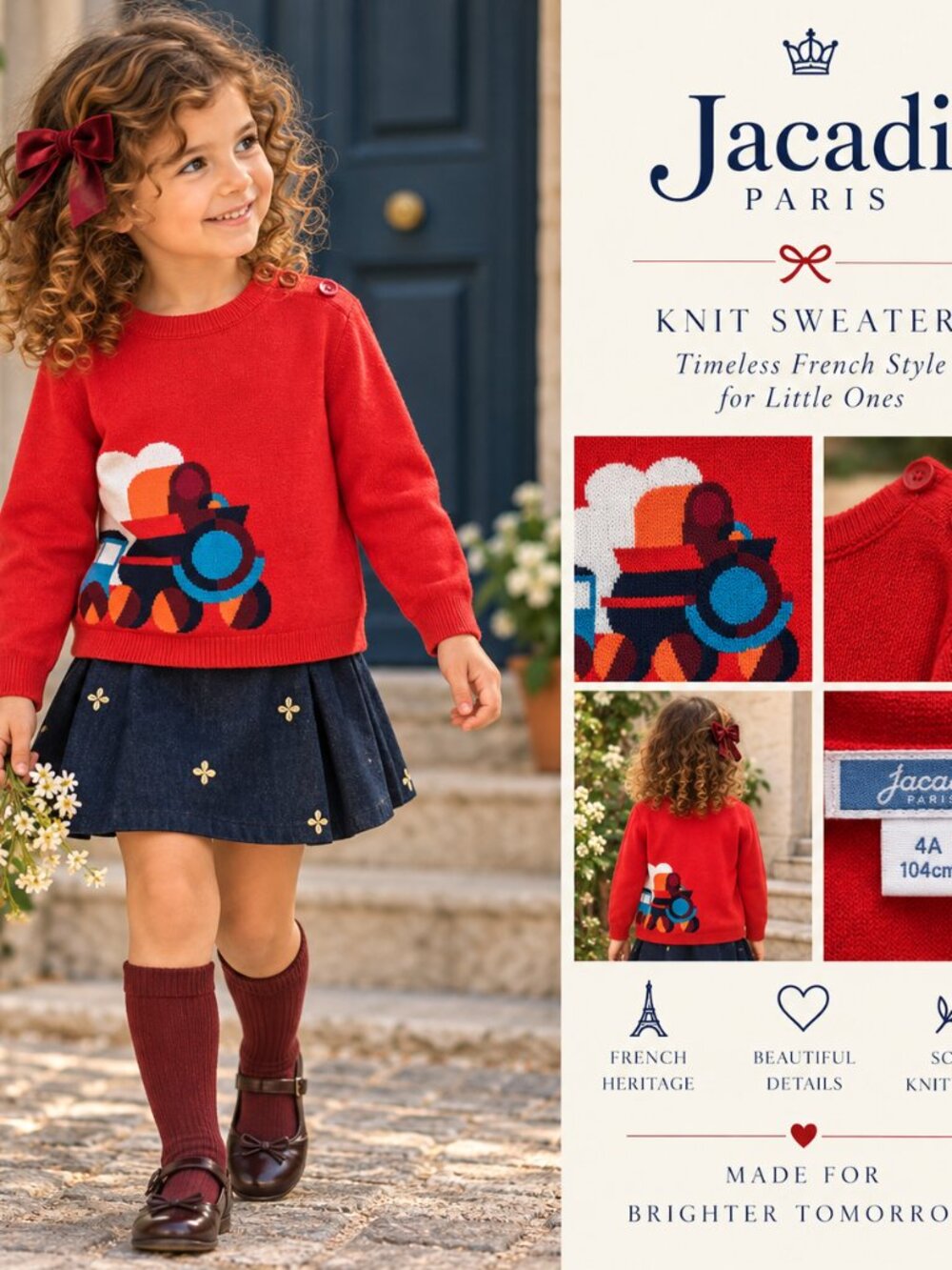 Jacadi Paris Girls Red Train Sweater 4Y | 4A 104cm | French Knit